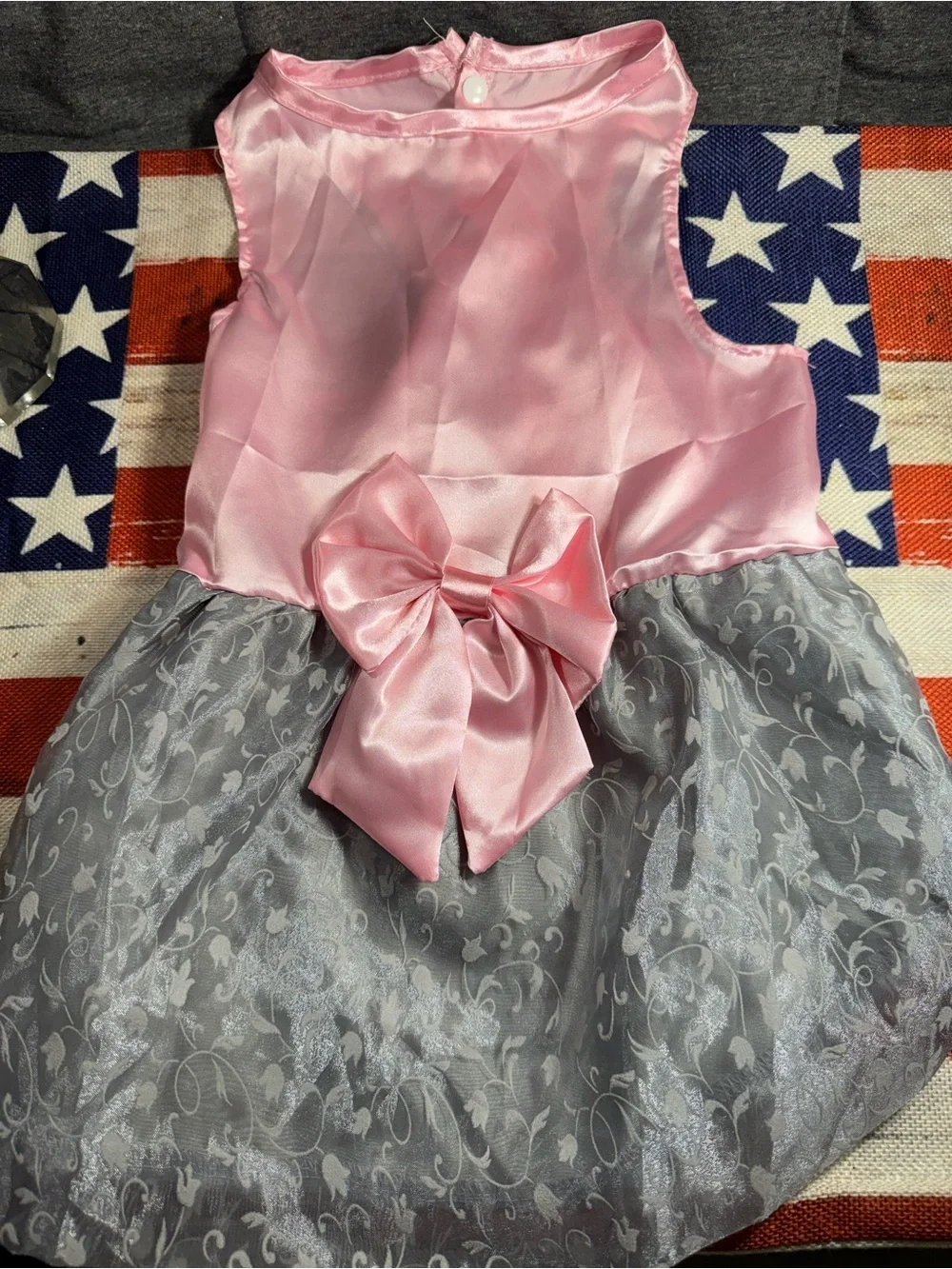 Pink Satin & Silver Lace Dog Dress with Bow